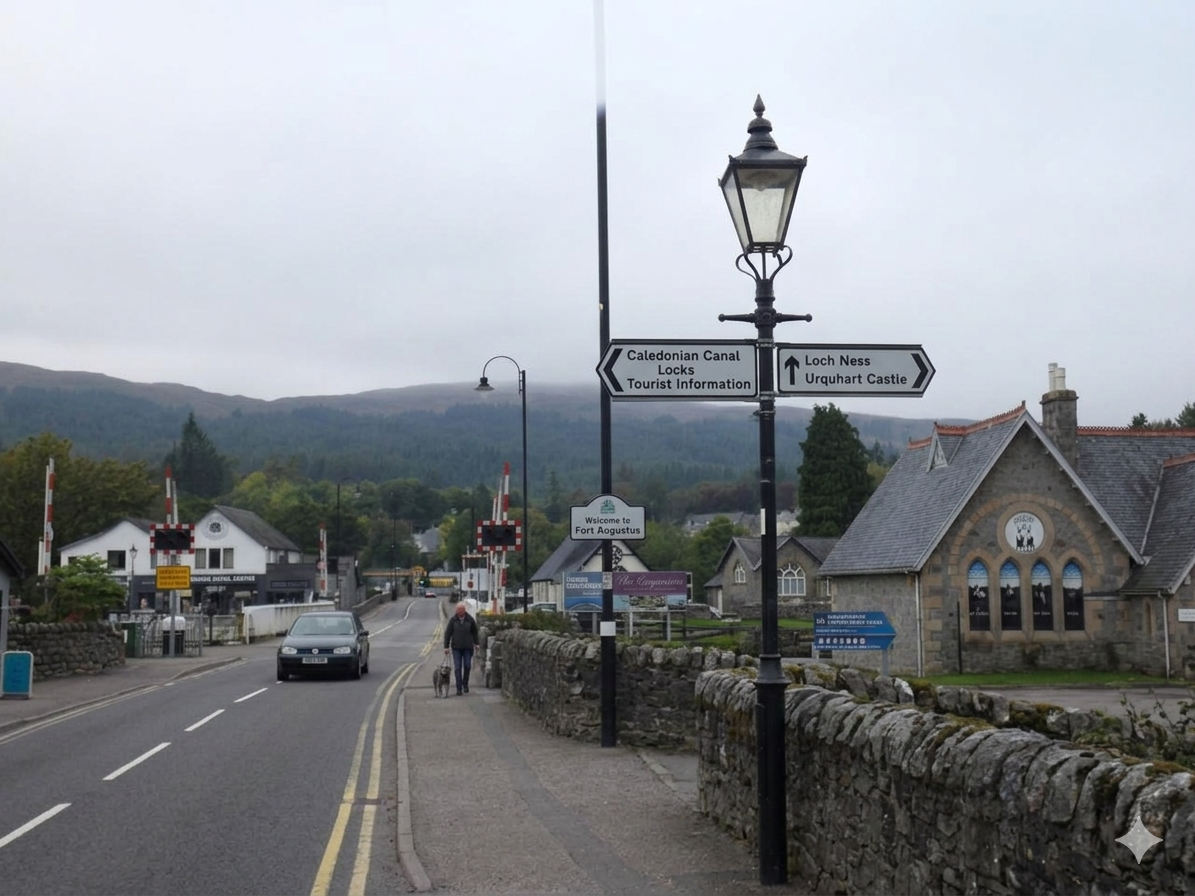 Entering Fort Augustus on a typical misty Highlands day. The stone architecture and forest-covered hills surrounding the village create the perfect atmosphere to guard the secrets of Loch Ness.